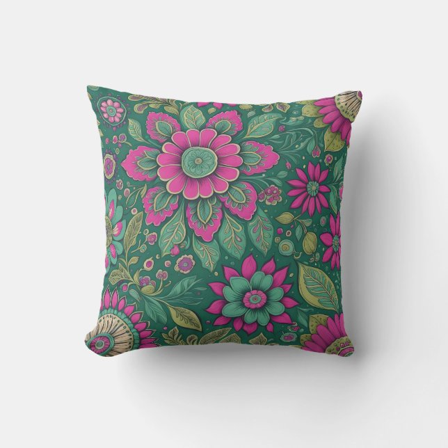 Beautiful Flowers Mandala Blossoms pink green Outdoor Pillow (Front)