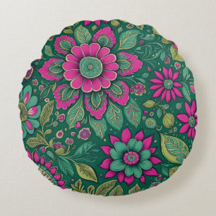 Beautiful Flowers Mandala Blossoms pink green Round Pillow
