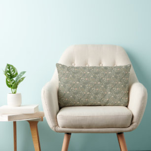 Beautiful Flowers on Sage Green, Earthy Muted Tone Lumbar Pillow