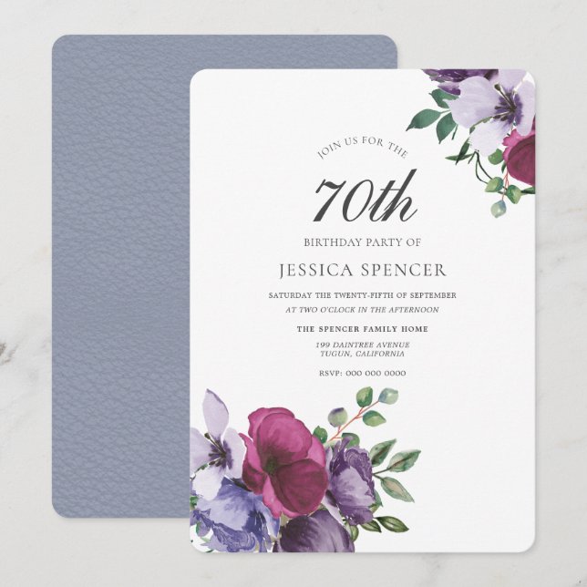 Beautiful Flowers Watercolor 70th Birthday Party Invitation (Front/Back)