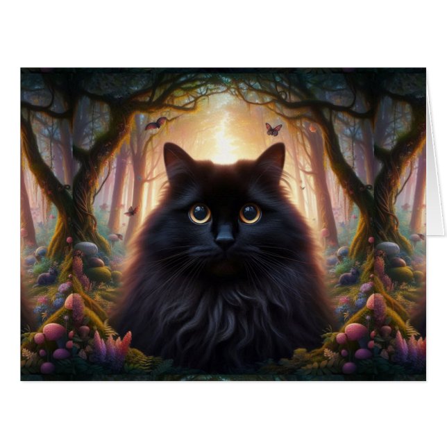 Beautiful Fluffy Black Cat with Gold Eyes (Front Horizontal)