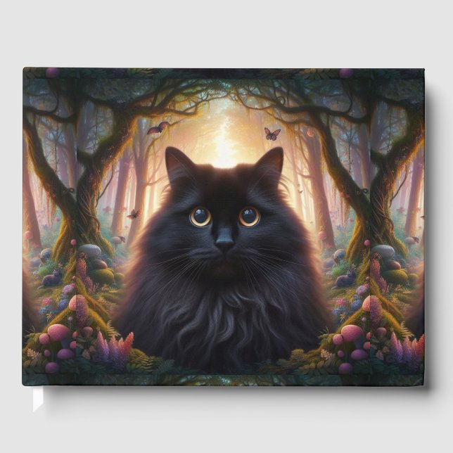 Beautiful Fluffy Black Cat with Gold Eyes Add Info Guest Book (Front)