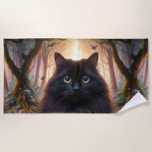 Beautiful Fluffy Black Cat with Gold Eyes Beach Towel