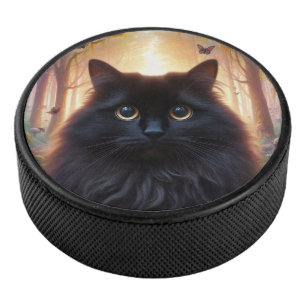 Beautiful Fluffy Black Cat with Gold Eyes Hockey Puck