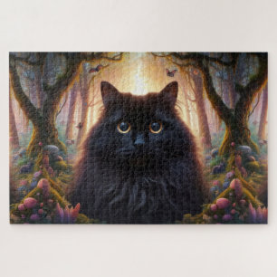 Beautiful Fluffy Black Cat with Gold Eyes Jigsaw Puzzle