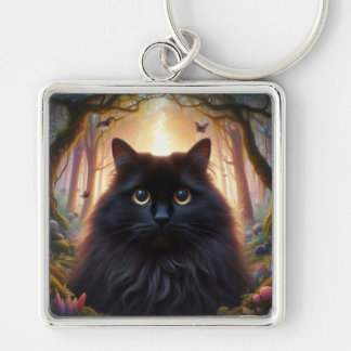 Beautiful Fluffy Black Cat with Gold Eyes Keychain
