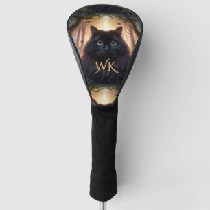 Beautiful Fluffy Black Cat with Gold Eyes Monogram Golf Head Cover