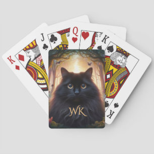 Beautiful Fluffy Black Cat with Gold Eyes Monogram Playing Cards