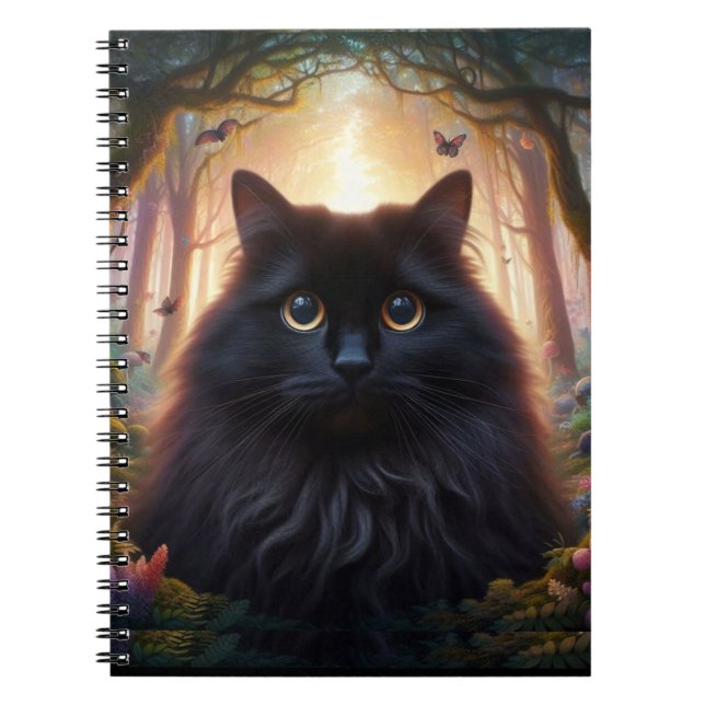 Beautiful Fluffy Black Cat with Gold Eyes Notebook (Front)