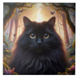 Beautiful Fluffy Black Cat with Gold Eyes Tile