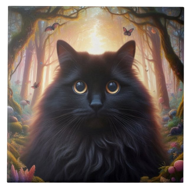Beautiful Fluffy Black Cat with Gold Eyes Tile (Front)