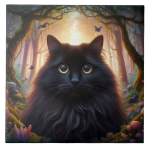 Beautiful Fluffy Black Cat with Gold Eyes Tile