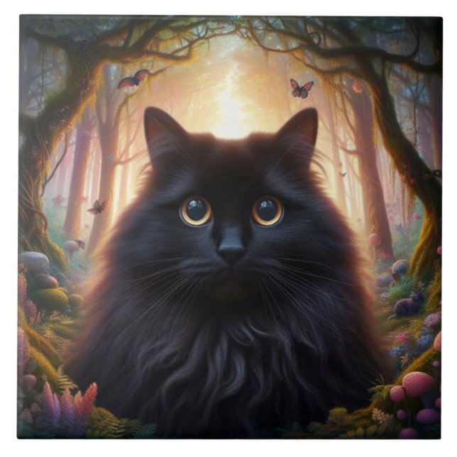 Beautiful Fluffy Black Cat with Gold Eyes Tile (Front)