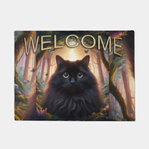 Beautiful Fluffy Black Cat with Gold Eyes Welcome Doormat