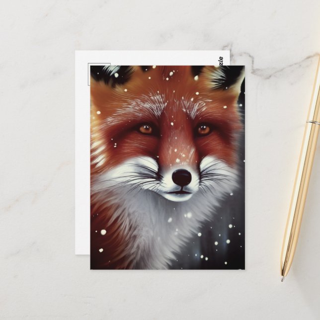 Beautiful Fluffy Red Fox in Snow Christmas Postcard (Front/Back In Situ)
