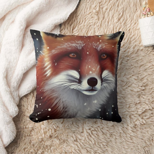 Beautiful Fluffy Red Fox in Snow Throw Pillow (Blanket)