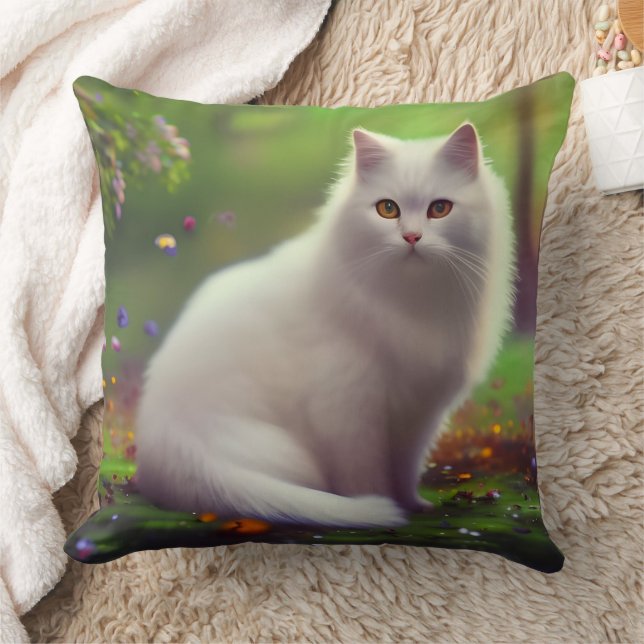 Beautiful Fluffy White Cat  Throw Pillow (Blanket)