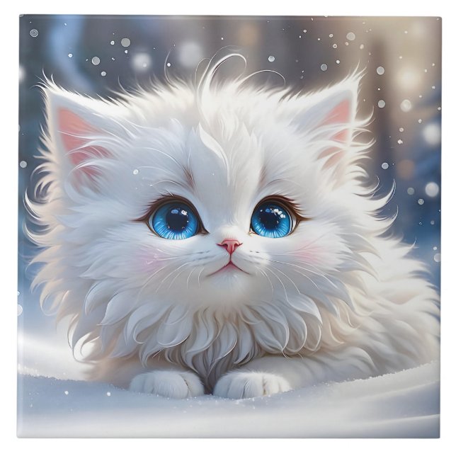 Beautiful Fluffy White Cat with Blue Eyes  Tile (Front)