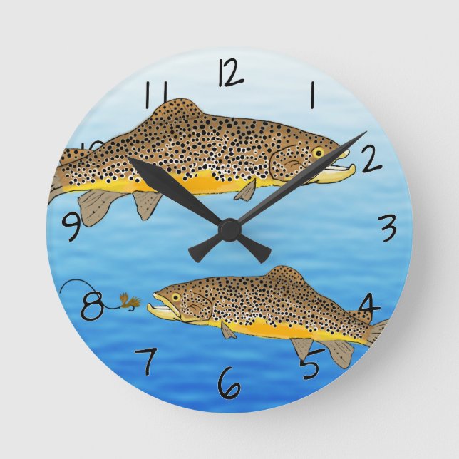 Beautiful Fly Fishing Brown Trout Round Clock (Front)
