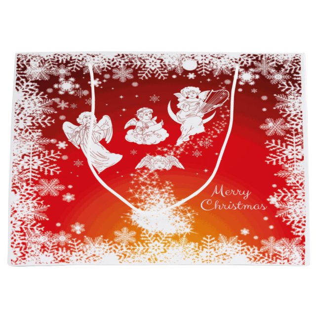 Beautiful Flying Christmas Angels-White Snow-Red  Large Gift Bag (Front)