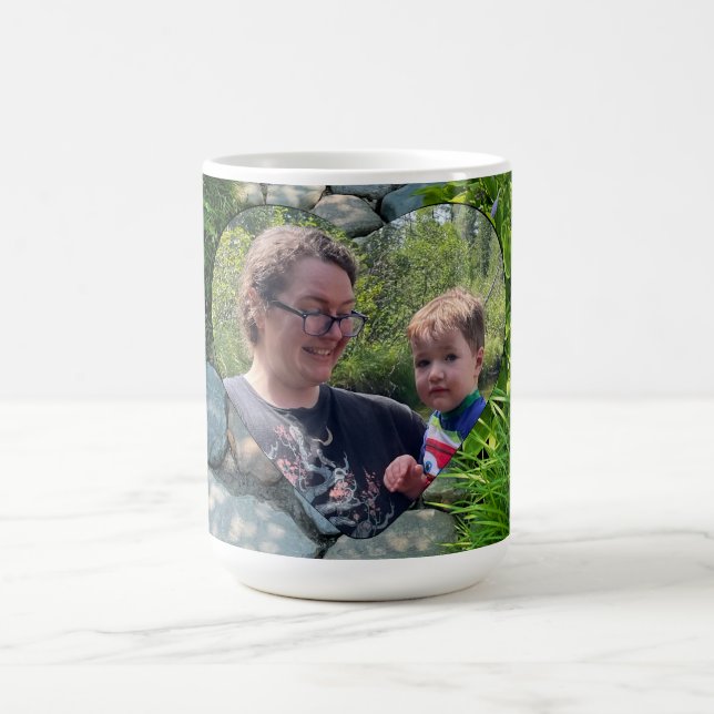 Beautiful forest photo sunlit trees photo template coffee mug (Center)