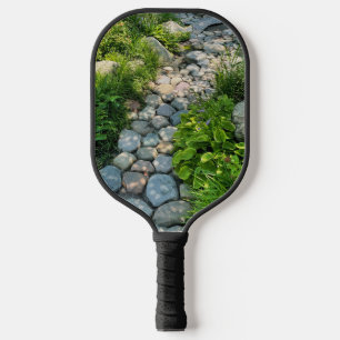 Beautiful forest scene sunny stone walkway photo pickleball paddle