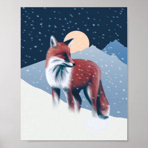 Beautiful Fox In The Winter Snow Illustration Poster