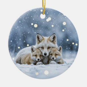 Beautiful Foxes in Snow Christmas Ceramic Ornament