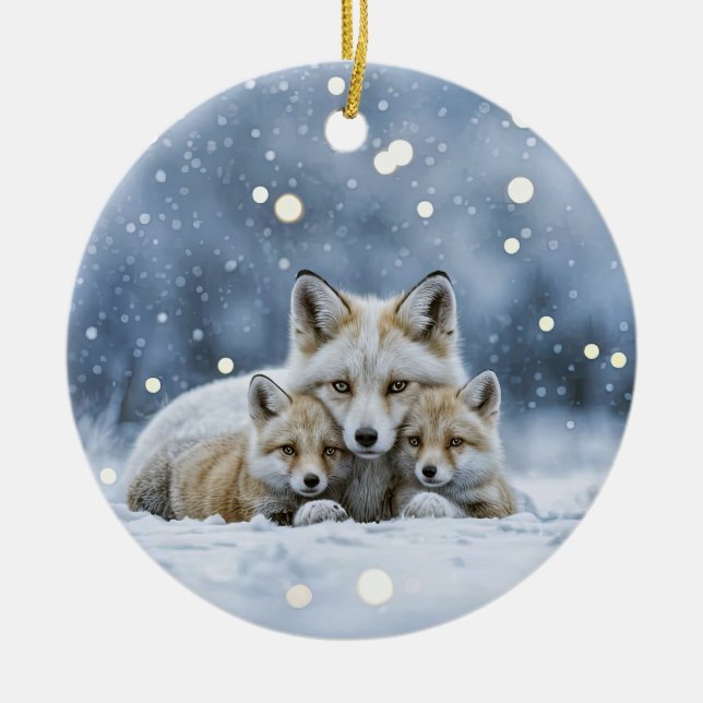 Beautiful Foxes in Snow Christmas Ceramic Ornament (Front)