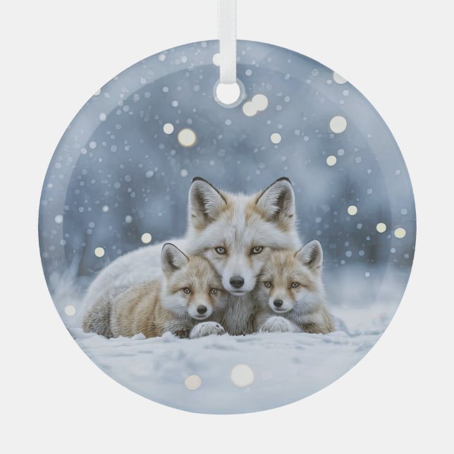 Beautiful Foxes in Snow Christmas Glass Ornament (Front)