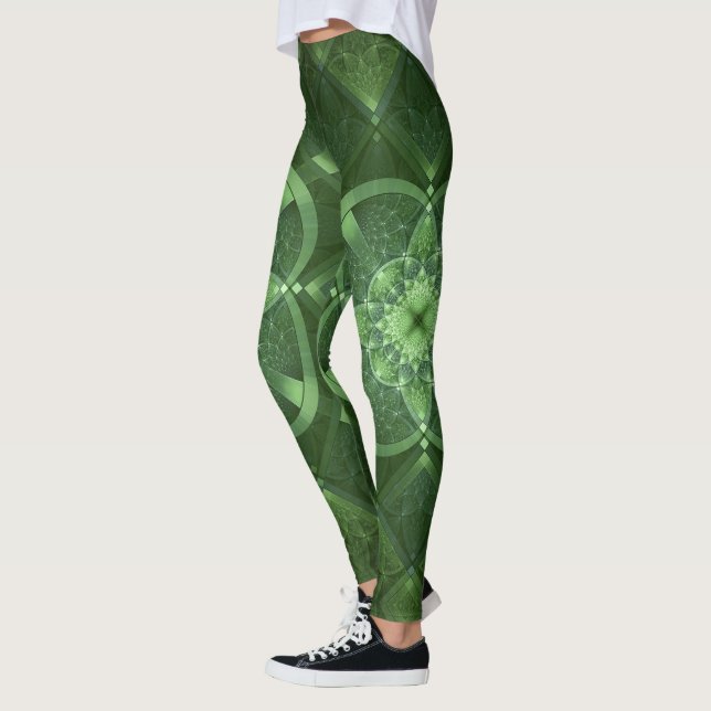 Beautiful Fractal Green Celtic Pattern Leggings (Left)