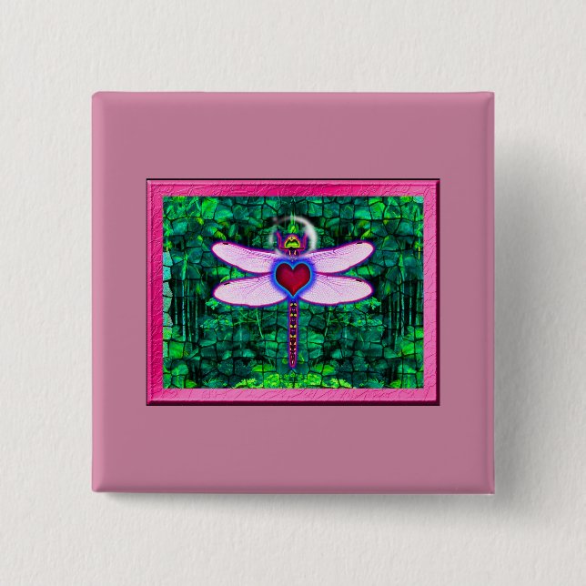 Beautiful Framed “Crackel Framed Dragonfly” Artwor 2 Inch Square Button (Front)