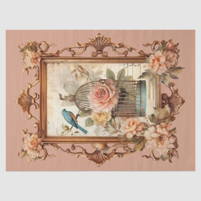 Beautiful Framed Floral Bird & Cage Decoupage  Tissue Paper (Front)