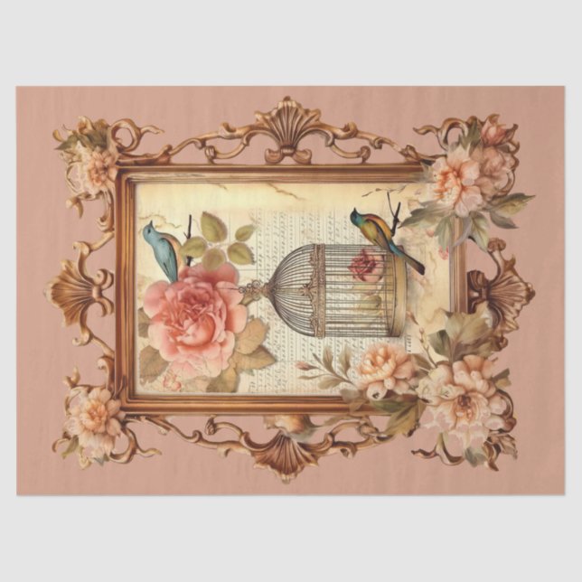 Beautiful Framed Floral Bird & Cage Decoupage  Tissue Paper (Front)