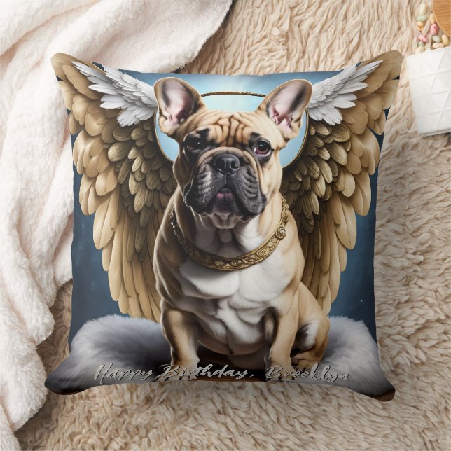Beautiful French Bulldog & Angel Wings Throw Pillow (Blanket)