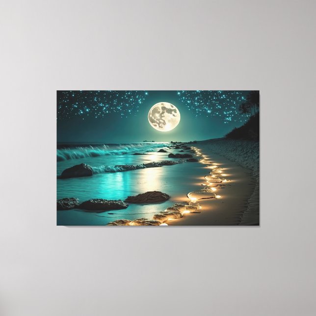 Beautiful Full Moon Beach Ocean Starry Night Canvas Print (Front)