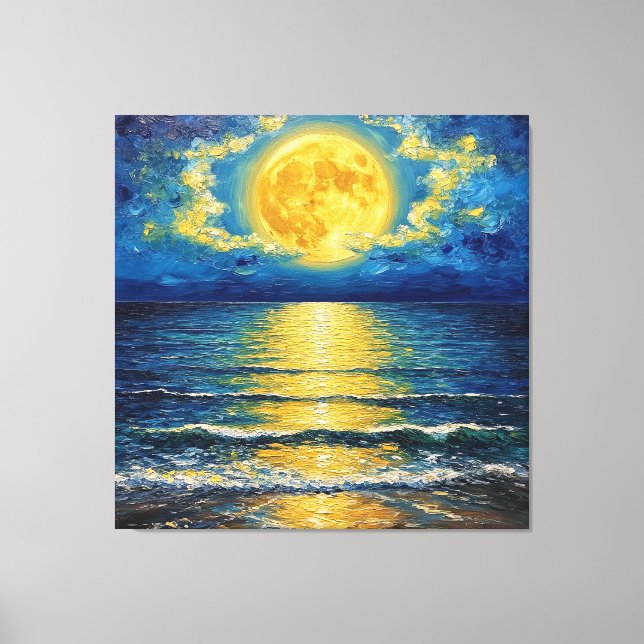 Beautiful Full Moon Reflecting on Ocean Waves Canvas Print (Front)