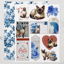 Beautiful Fussy Cuts with Siamese Cat & Blue Roses