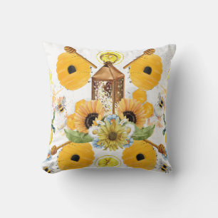 Beautiful Garden Bee Sunflower Throw Pillow