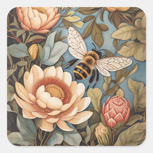 Beautiful Garden Bee With Protea Flowers Square Sticker (Front)