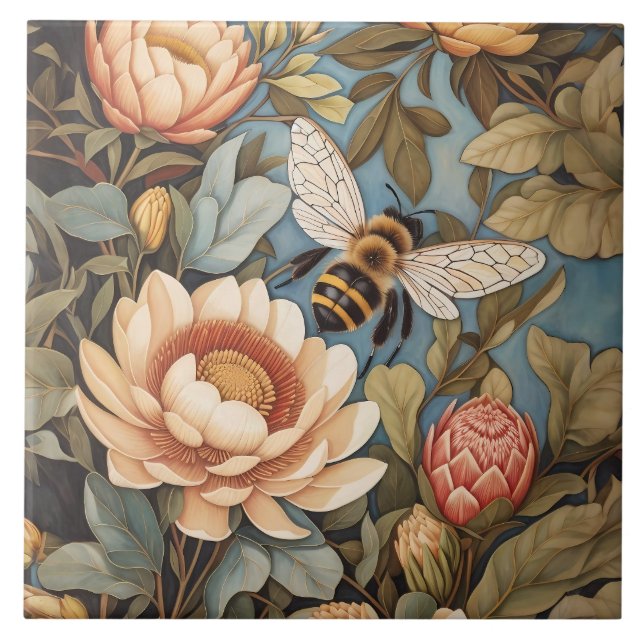 Beautiful Garden Bee With Protea Flowers Tile (Front)