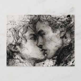 Beautiful Gay Love The Kiss in Black and White Postcard