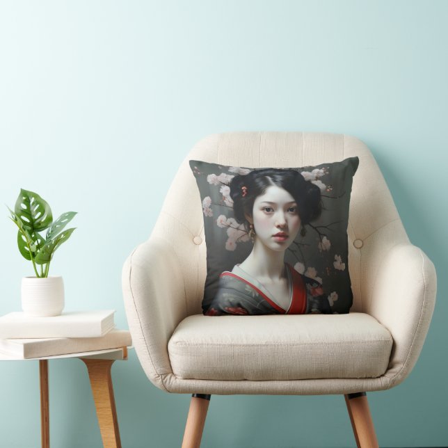 Beautiful Geisha Flowers Throw Pillow (Chair)