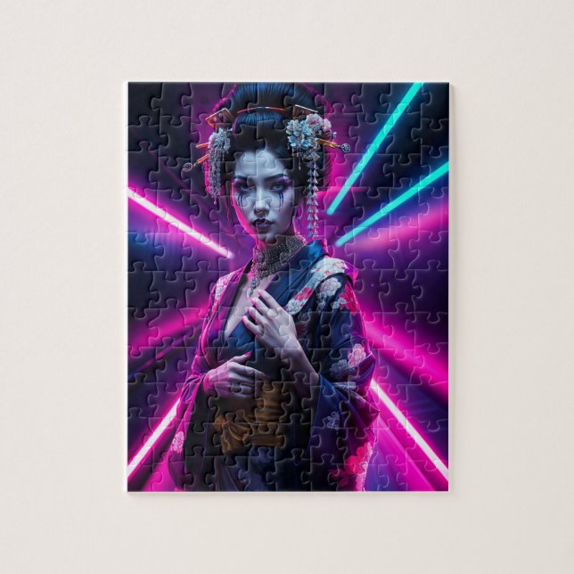 Beautiful Geisha Puzzle with Neon Background – Ele (Vertical)