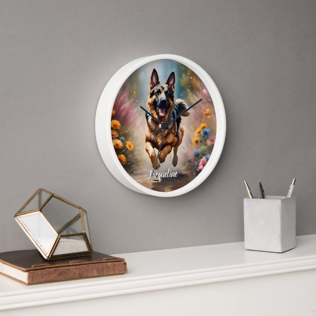 Beautiful German Shepherd Dog & Flowers Clock (Office)