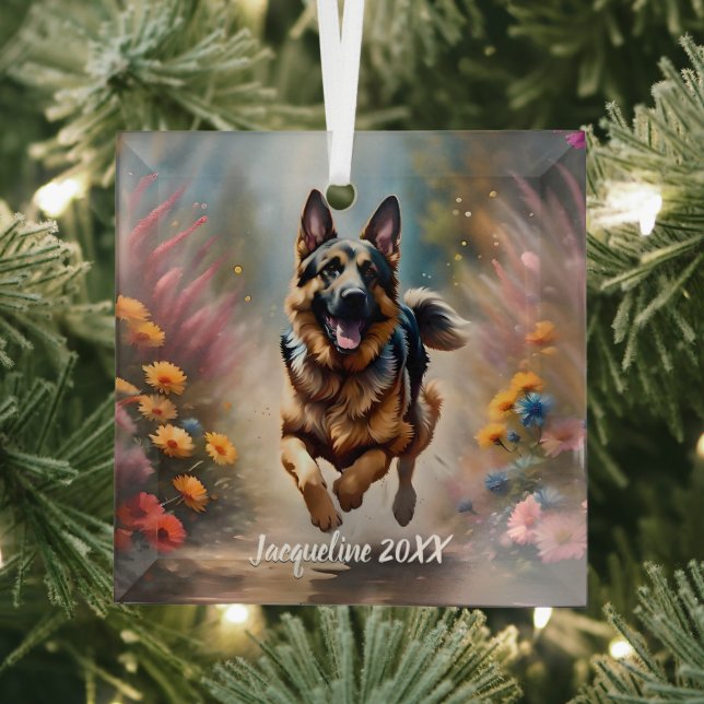 Beautiful German Shepherd Dog & Flowers Glass Ornament (Insitu)