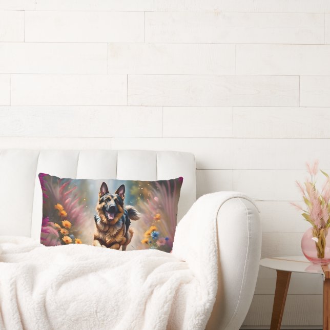 Beautiful German Shepherd Dog & Flowers Lumbar Pillow (Couch)