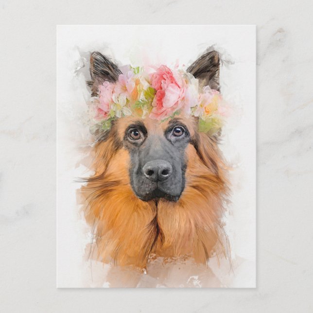 Beautiful German Shepherd Flower Crown Portrait Postcard (Front)