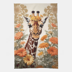 Beautiful Giraffe and Gerbera Daisy Flowers Kitchen Towel