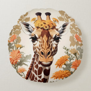 Beautiful Giraffe and Gerbera Daisy Flowers Round Pillow
